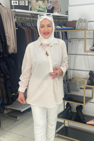 Cızgılı gomlek Bej