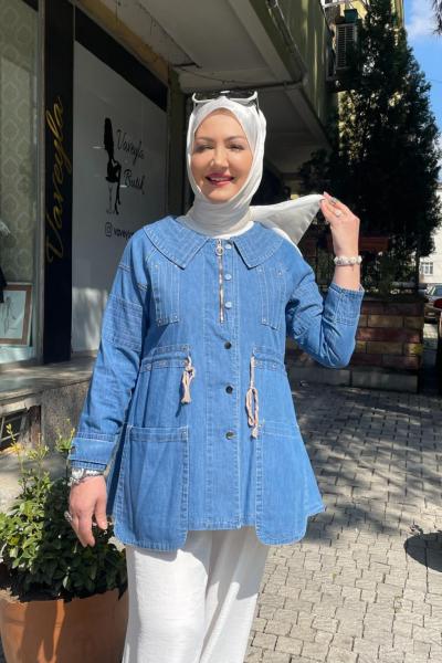 Çok dıkışlı denım kısa kap  Mavi