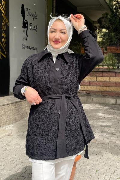 Dantel detaylı ceket Siyah