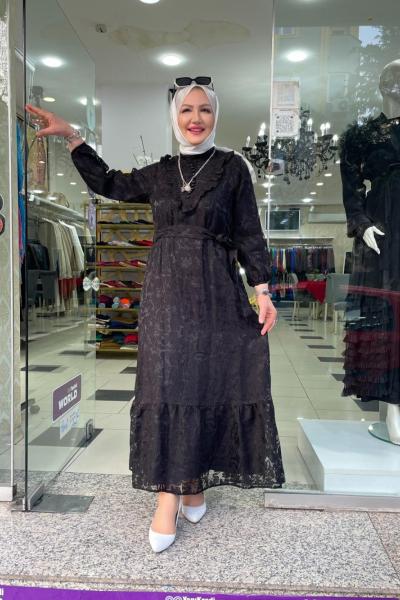 Dantelli önden dügmeli elbıse  Siyah