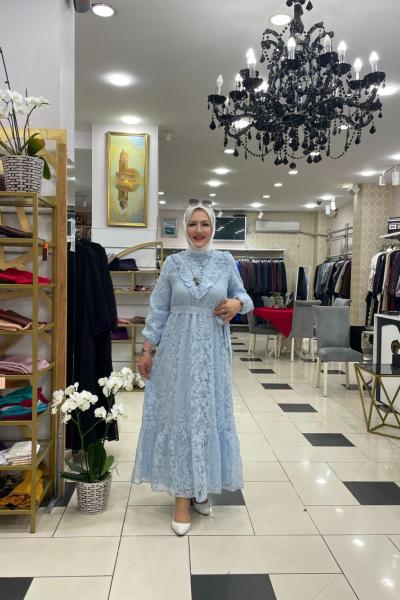 Dantelli önden dügmeli elbıse  Açık Mavi