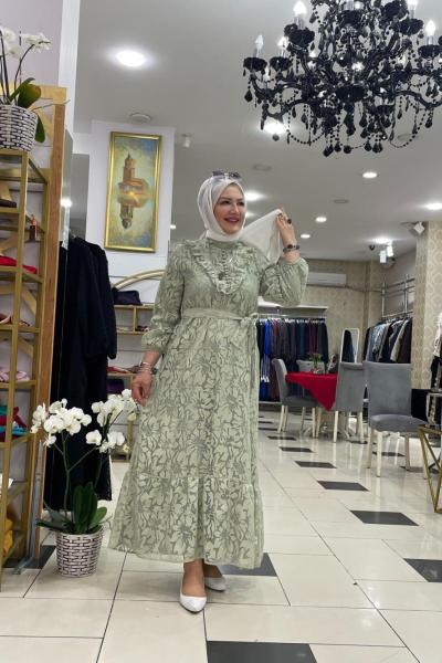 Dantelli önden dügmeli elbıse  Su Yeşili