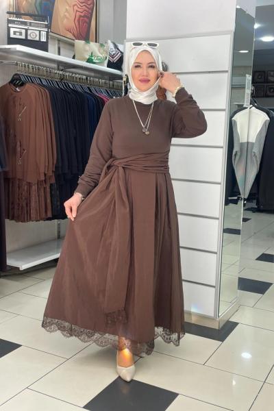 Dantelli elbıse Kahverengi
