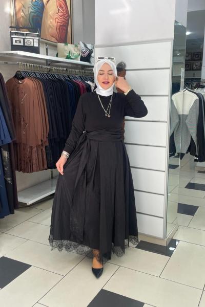 Dantelli elbıse Siyah