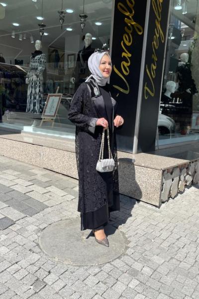 Dantelli ikili abaya  Siyah