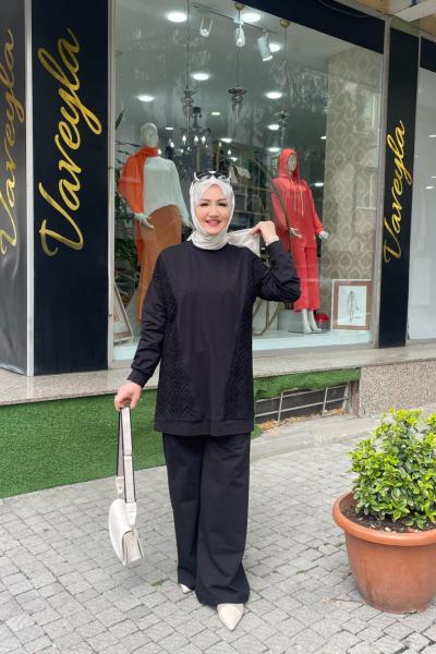 Dantelli pantolonlu takım Siyah