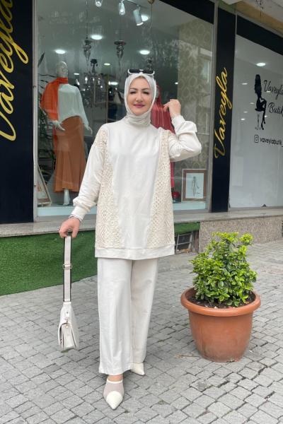 Dantelli pantolonlu takım Taş Rengi