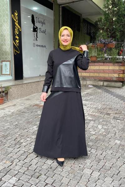 Deri detaylı eteklı takım Siyah
