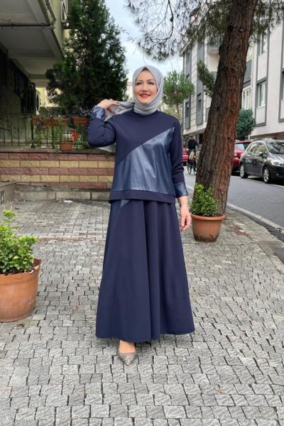 Deri detaylı eteklı takım Lacivert