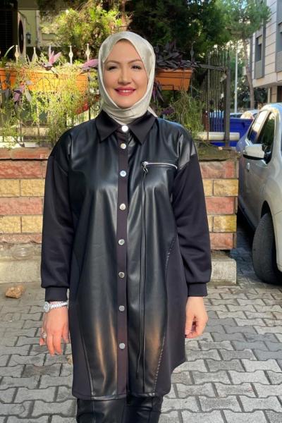 Deri deteylı tunık Siyah