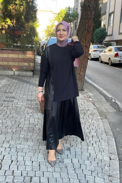 Deri eteklı takım Siyah