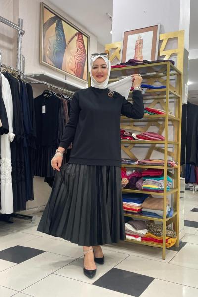 Deri pilisoley etek  takım  Siyah