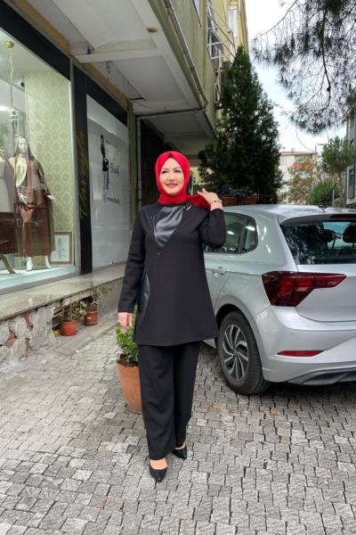 Deri ve sım detaylı pantolonlu takım Siyah