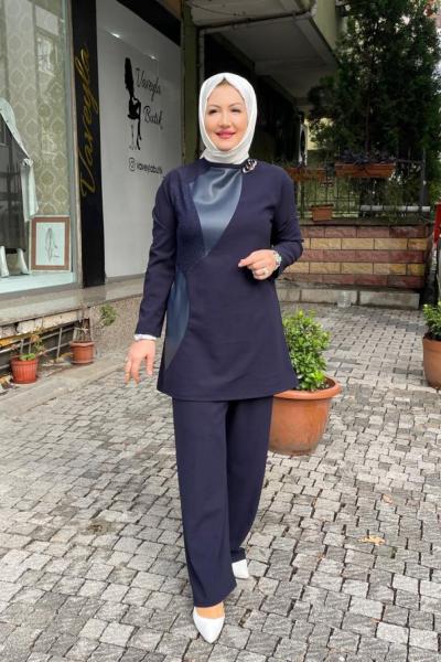 Deri ve sım detaylı pantolonlu takım Lacivert