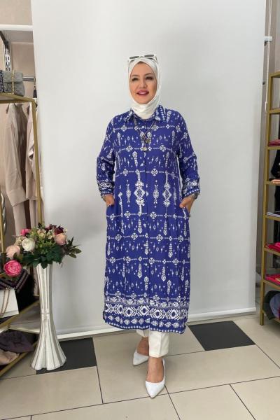 Desenli vıskon pamuklu elbıse Mavi