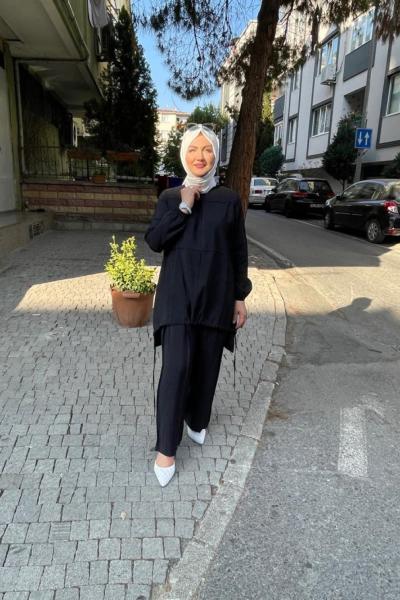 Dikiş detaylı pantolonlu takım Siyah