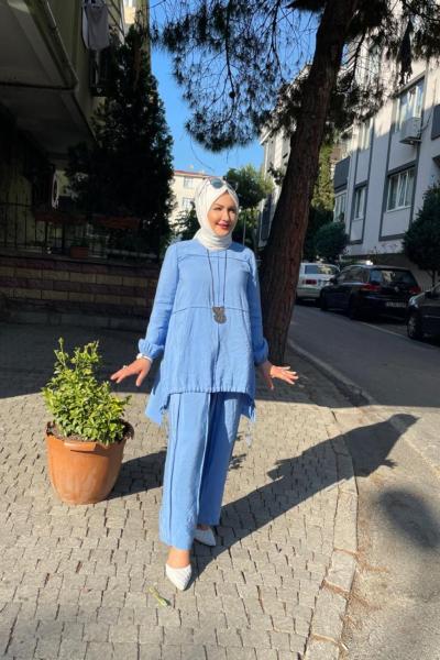 Dikiş detaylı pantolonlu takım Mavi