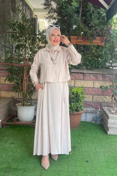 Dügme detayli elbise Bej