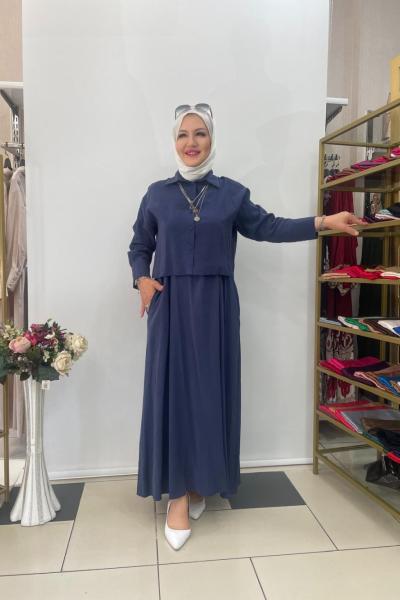 Dügme detayli elbise Mavi