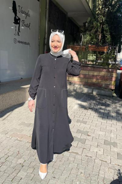 Dügmeli büyük cepli ferace Siyah