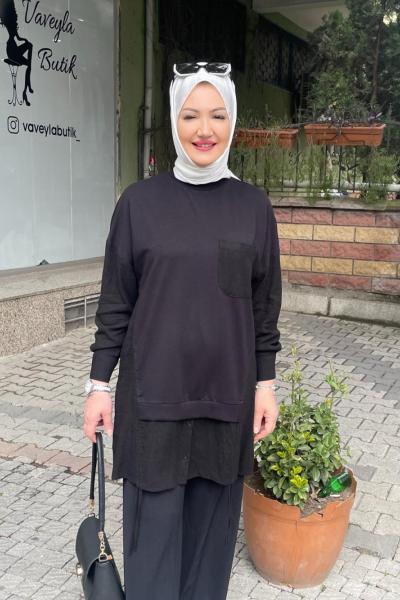 Dügmeli keten tunık önü cep detaylı Siyah
