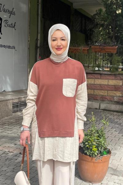 Dügmeli keten tunık önü cep detaylı Taba