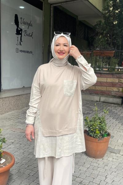 Dügmeli keten tunık önü cep detaylı Bej