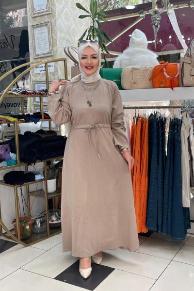 Düz elbise belden bagli Bej