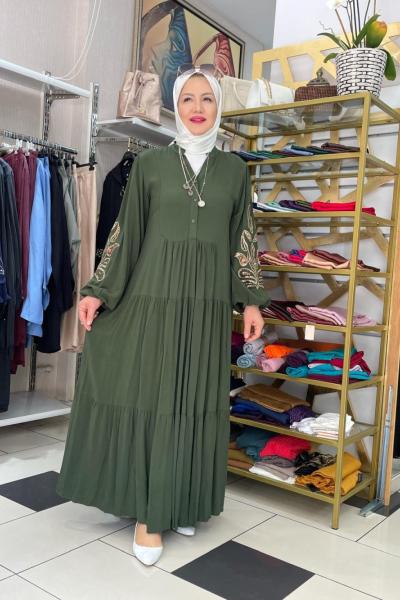 Duz kolları işleme elbıse Koyu Yeşil