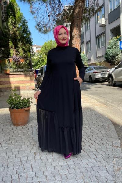 Etegi şifon detaylı büzgülü elbıse Siyah