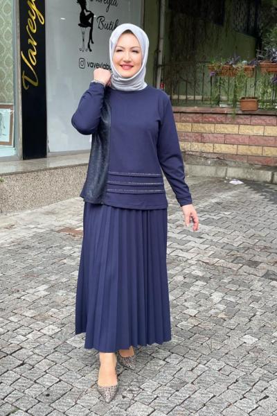 Etegi taş detaylı eteklımtakım Lacivert