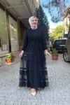 Eteği tül dantelli abaya Siyah