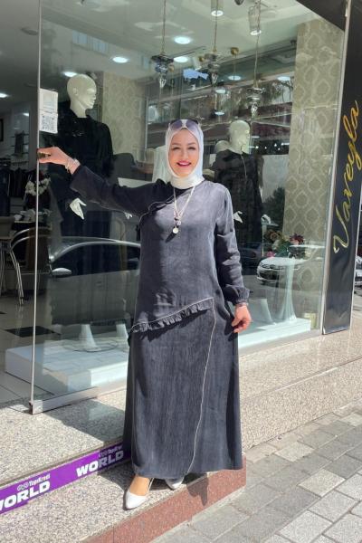 Etek ortası fermuar detaylı fırfırlı elbıse Siyah