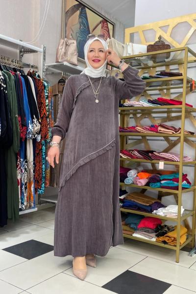 Etek ortası fermuar detaylı fırfırlı elbıse Kahverengi