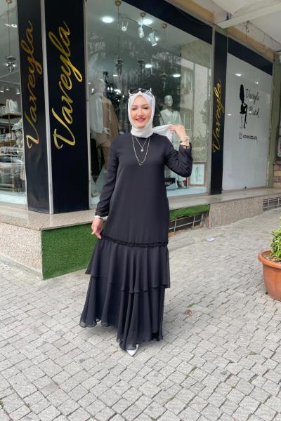 Etek ucu şifon detaylı elbıse Siyah