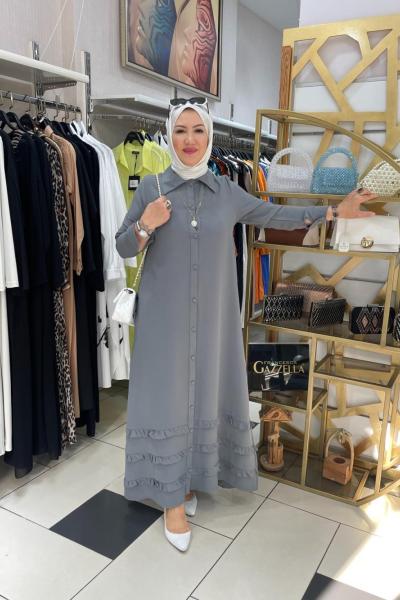 Etek ucu fırfırlı elbıse Gri