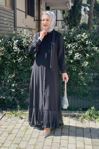 Etek ucu kolları cızgılı ferace  Siyah