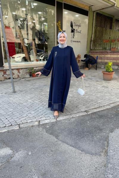 Etek ve kol ucu şifon taşlı ferace Lacivert