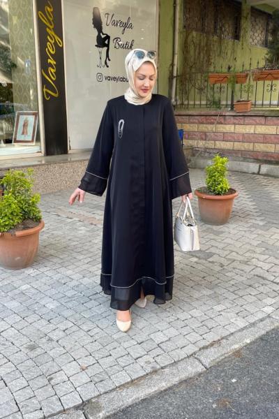 Etek ve kol ucu şifon taşlı ferace Siyah