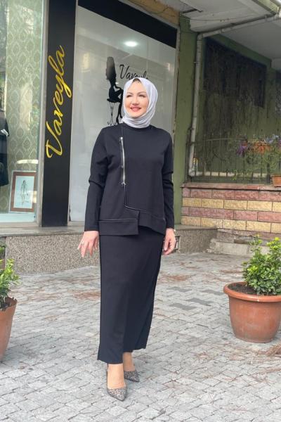 Fermuar detaylı eteklı çelik eteklı takım Siyah