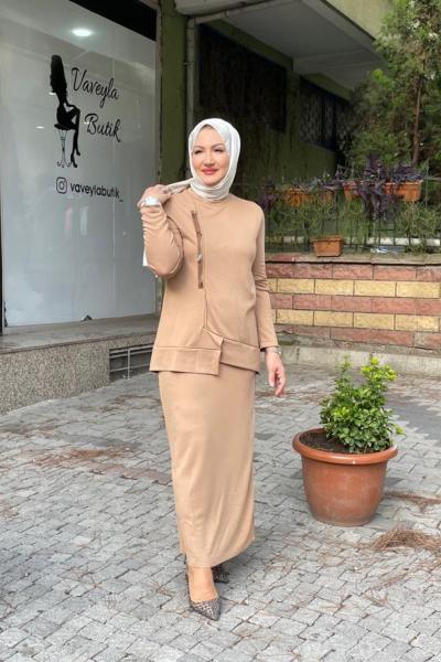 Fermuar detaylı eteklı çelik eteklı takım Camel