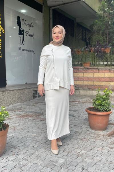 Fermuar detaylı eteklı çelik eteklı takım Ekru