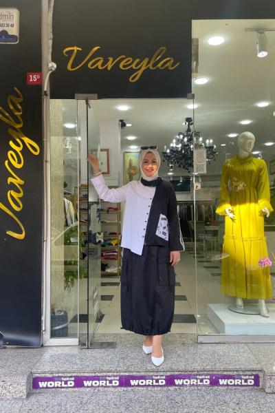 Fermuar detaylı etekli takım Beyaz