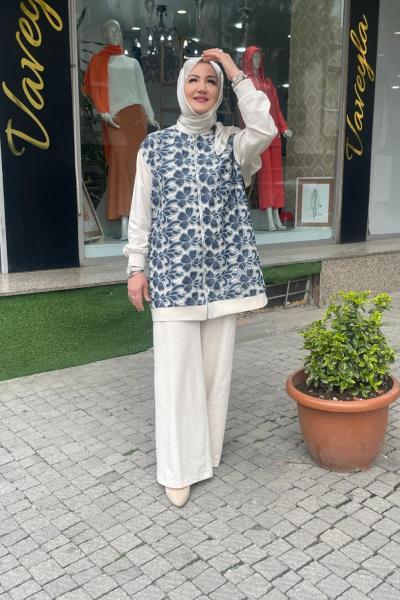 Fermuar detaylı dantelli pantolonlu takım Taş Rengi