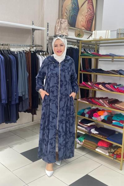 Fermuar detaylı kapşonlu ferace Mavi