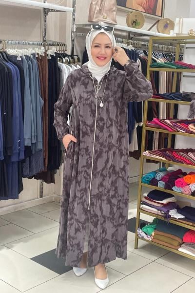 Fermuar detaylı kapşonlu ferace Sütlü Kahve