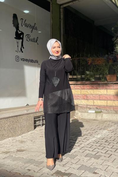 File detaylı ikili pantolonlu takım  Siyah