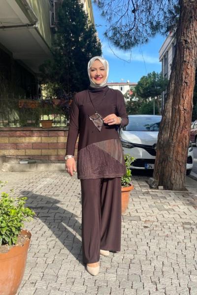 File detaylı ikili pantolonlu takım  Acı Kahve