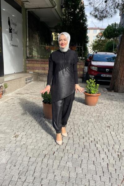 File detaylı derı gorunumlu şalvar takımı Siyah
