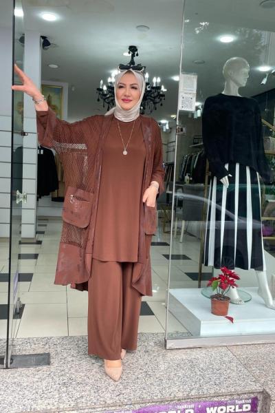 File detayli pantolonlu takım Kahverengi